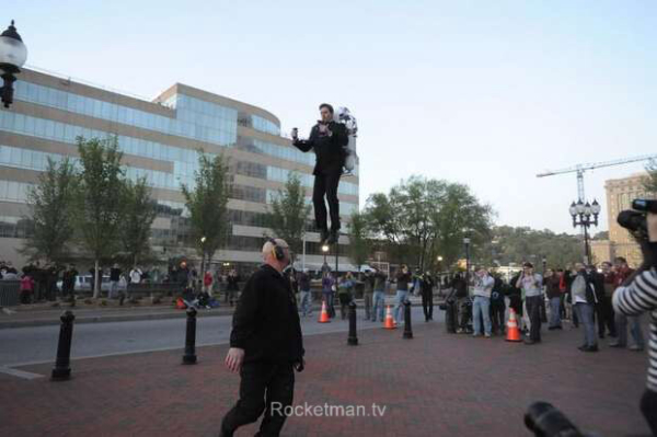 One of The Rocketman's few flights without a helmet